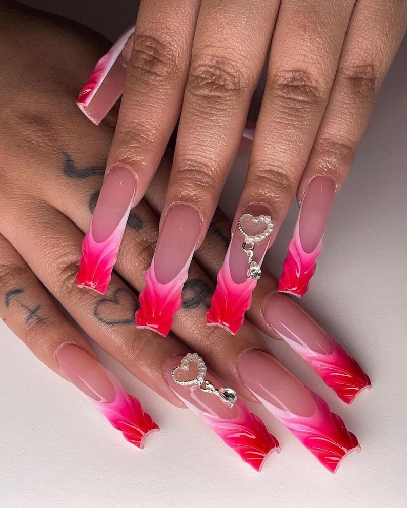 Pink Ombre Heart Charm Press On Nails, 3D Heart Nails, Valentine Nails, Glossy Pink French Tip Nail Set