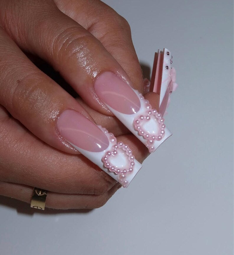 Valentines Pink Bow Press On Nails | Pink, White French Tip Nail Art | Handmade Girly Nail Set |3D Bow Nail | Soft & Elegant Design