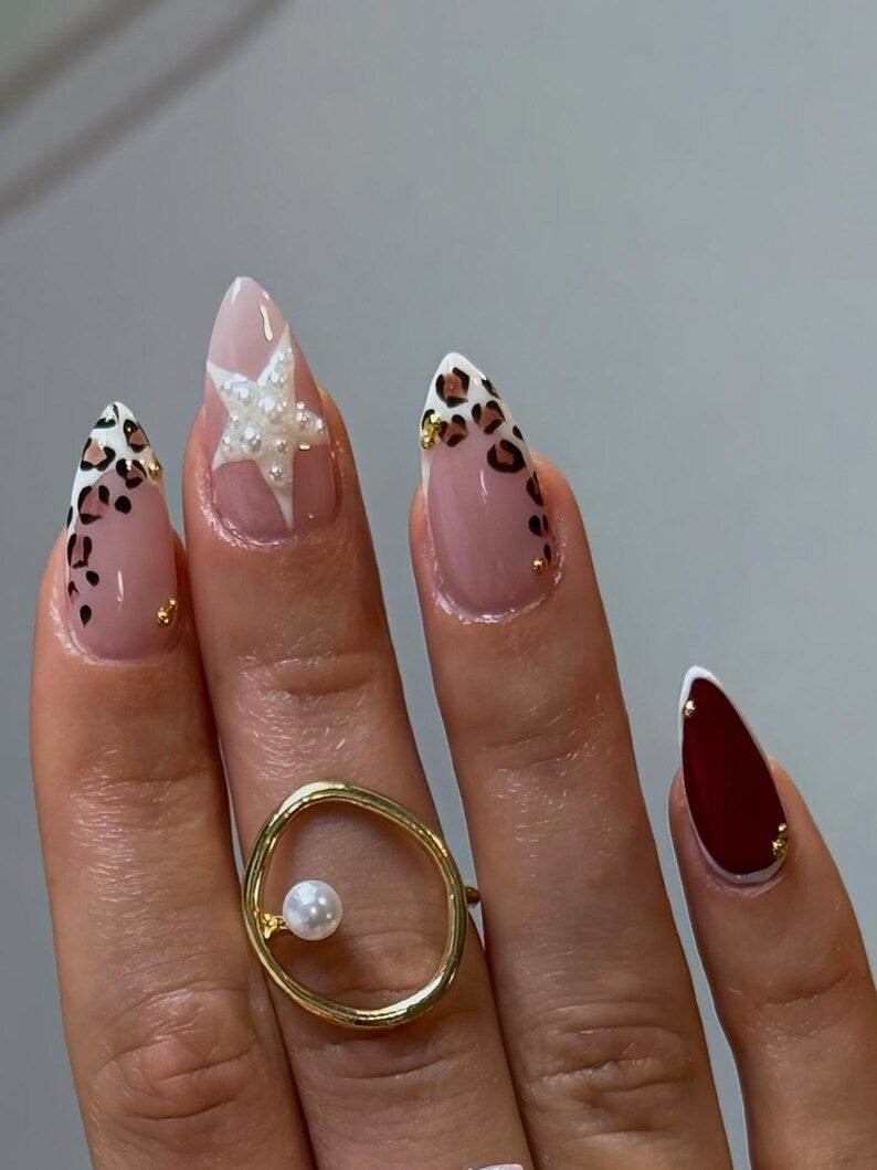 Red Tortoise Press On Nails,Custom Handmade Nail Set with Retro Y2K Design, French Tip Nails, Leopard Print nails, Fall nails, Birthday nail