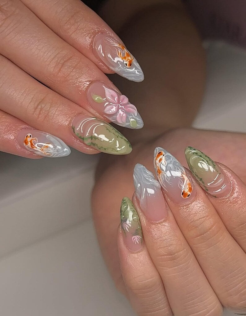 Green Koi Pond Press On Nails | 3D Floral & Fish Nail Art | Green Nature Inspired Nails | Handmade Press Ons | Artistic Garden Nails