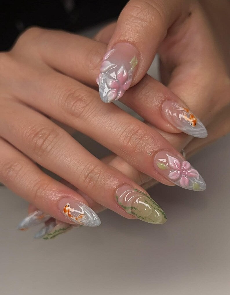 Green Koi Pond Press On Nails | 3D Floral & Fish Nail Art | Green Nature Inspired Nails | Handmade Press Ons | Artistic Garden Nails