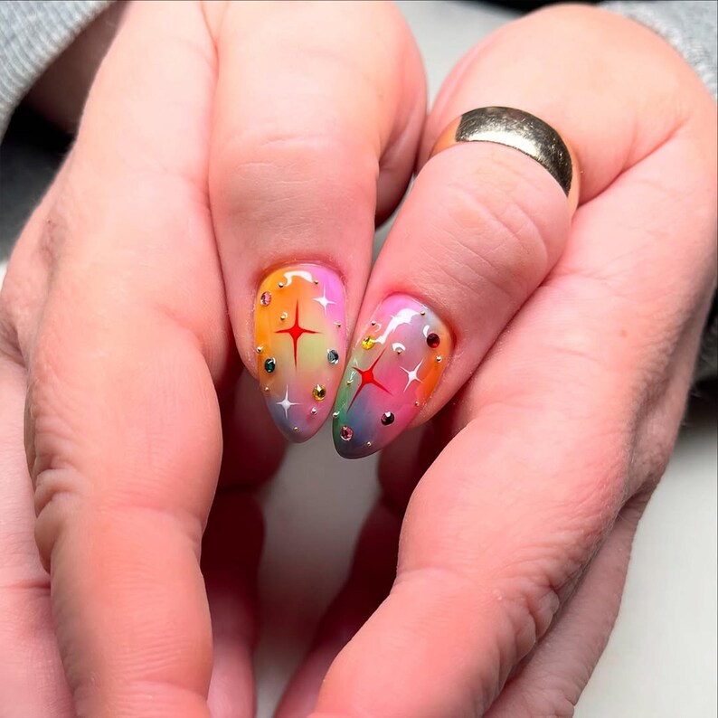 Rainbow Sparkle Press On Nails | Colorful Gradient Star Nails | Fun Festival Press Ons | Rhinestone Party Nails | Vibrant Nails