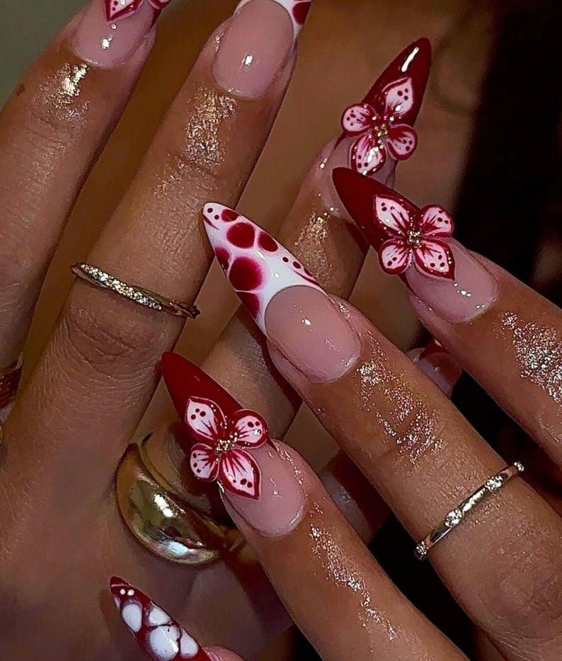 Spotted Red Flower Press On Nail, Long Stiletto Fake Nail for Spring-Summer, Unique French Tips Nail Art, Gel Nails, 3D Nails, Gel Nails