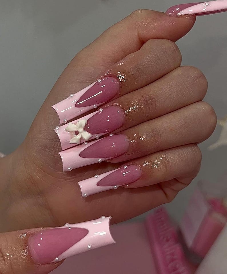 Pink Polka Dot Press On Nails | Long Square Kawaii Bow Pearl Nails | Pink French Tip Cute Spring Set | Valentines Press On Nails