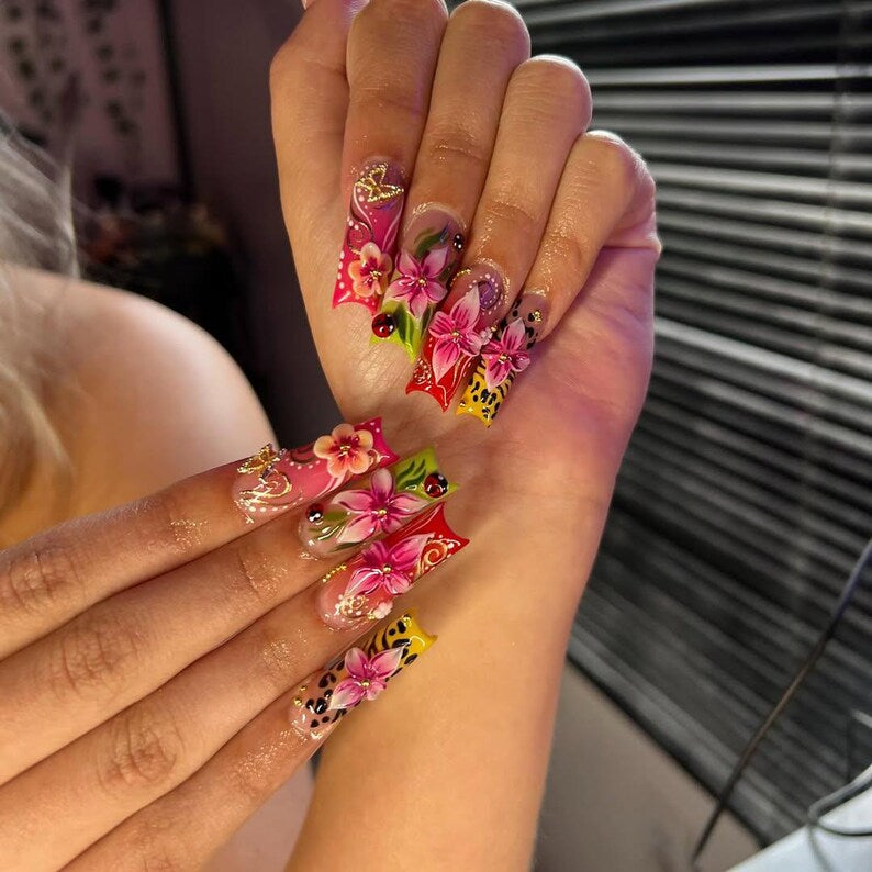 Tropical Floral Press On Nails | 3D Tropical Flowers Nail Art | Vibrant Ladybug Design Fake Nails | Bold Tropical Kawaii Nails