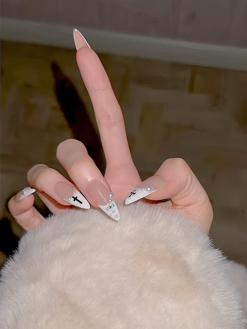 Handmade Pearl Cross Press On Nails: Edgy French Tip Nail Art