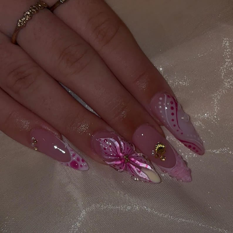 Tropical Flower Press On Nails | Airbrush Pink Floral Nail Art | 3D Floral Mermaid Nails | Spring Summer Beach Party Press Ons | Luxury Nail