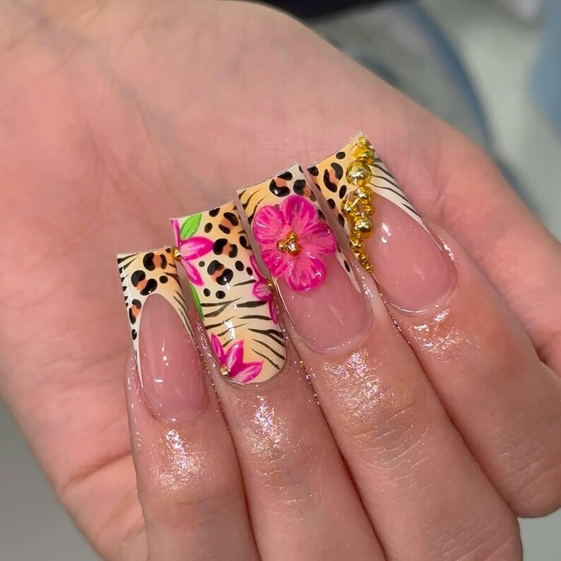 Tropical Safari Press On Nails | Leopard Print Fake Nails | 3D Flower French Tips Nail Art | Glam Jungle Fake Nails | Animal Nails