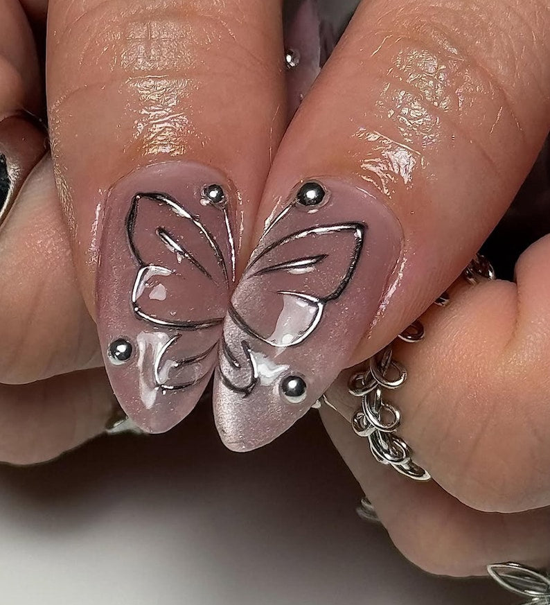 Gothic Silver Bloom Press On Nails | Metallic Floral Nail Art | 3D Chrome Accents | Elegant Gothic Statement Nails
