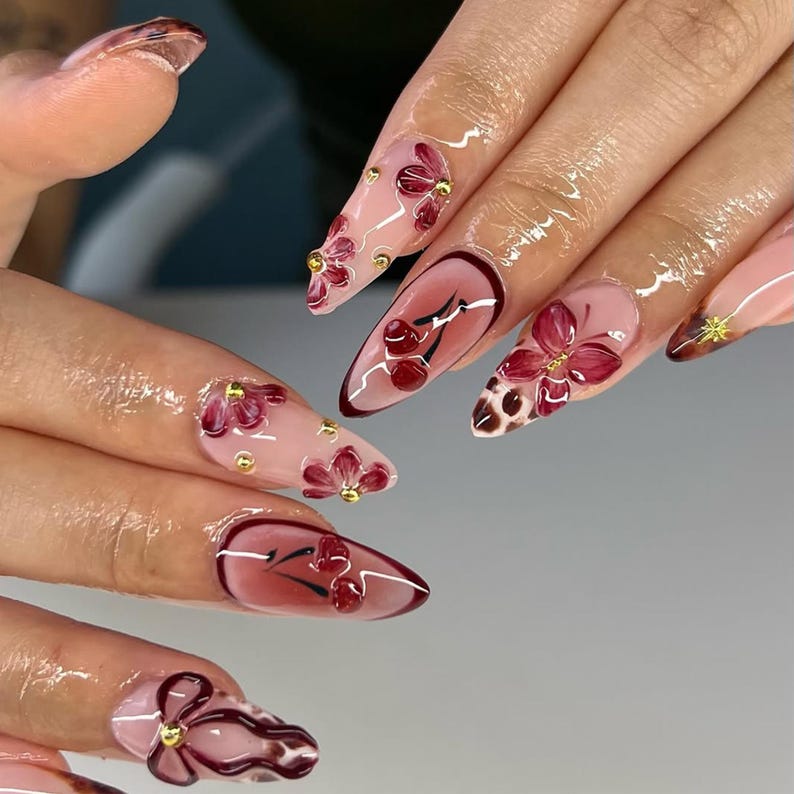 Cherry Cute 3D Press On Nails | Colorful and Playful Fake Nails | Custom 3D Animal and Bow Nail Art | Handcrafted Kawaii Nail Art