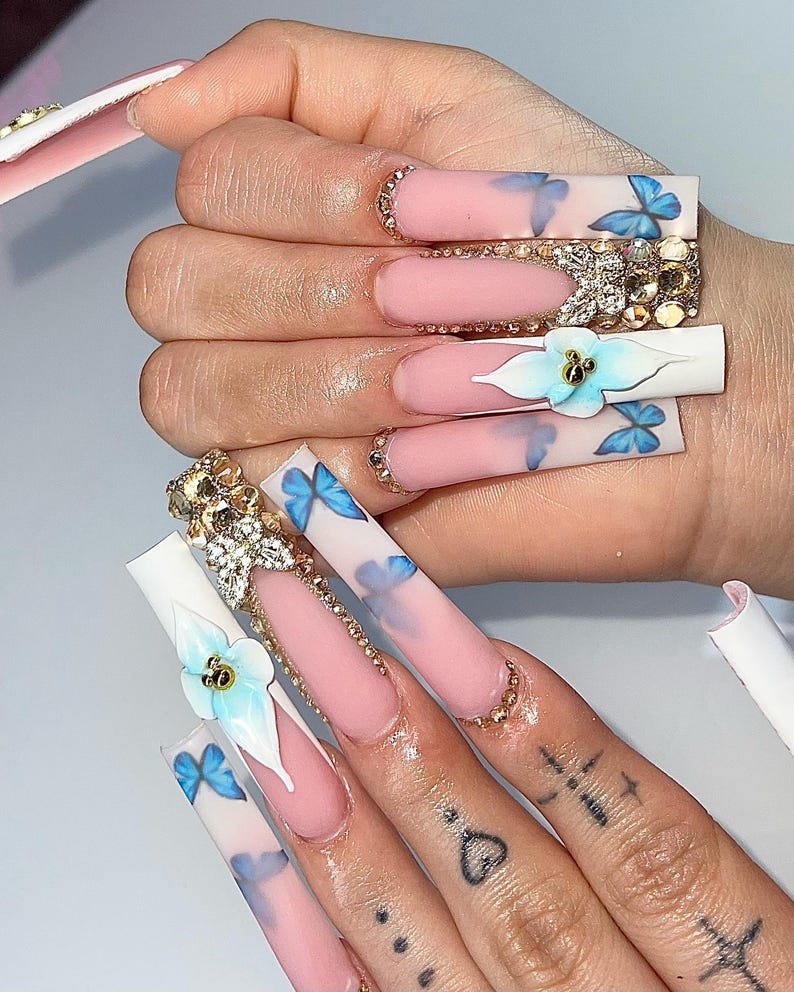 Blue Butterfly Press On Nails | XL Square French Tip Nails | White Blue 3D Orchid Rhinestone Nail Art | Elegant Luxury Press Ons