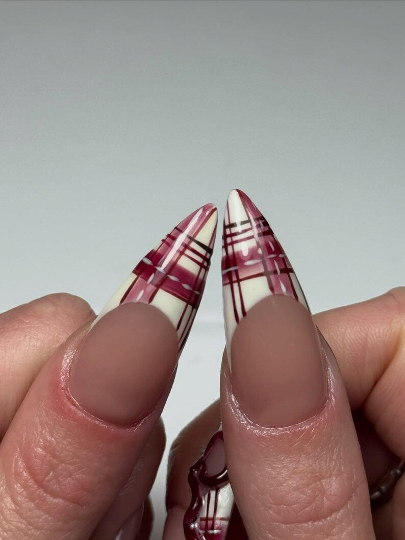 Cherry Tartan Couture Press On Nails for Valentine Days | Long Stiletto Nude Fake Nails | Burgundy Plaid & 3D Cherry Bow Nail Art
