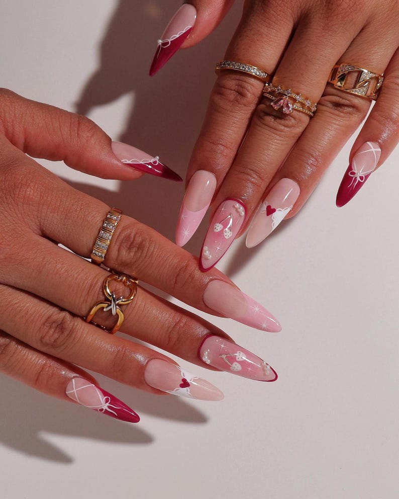 Valentine Press On Nails | Red & Pink Bow Nails | Heart Corset French Tip Nail Art | Cute Fake Nails | White Heart Corset French Tip Nails