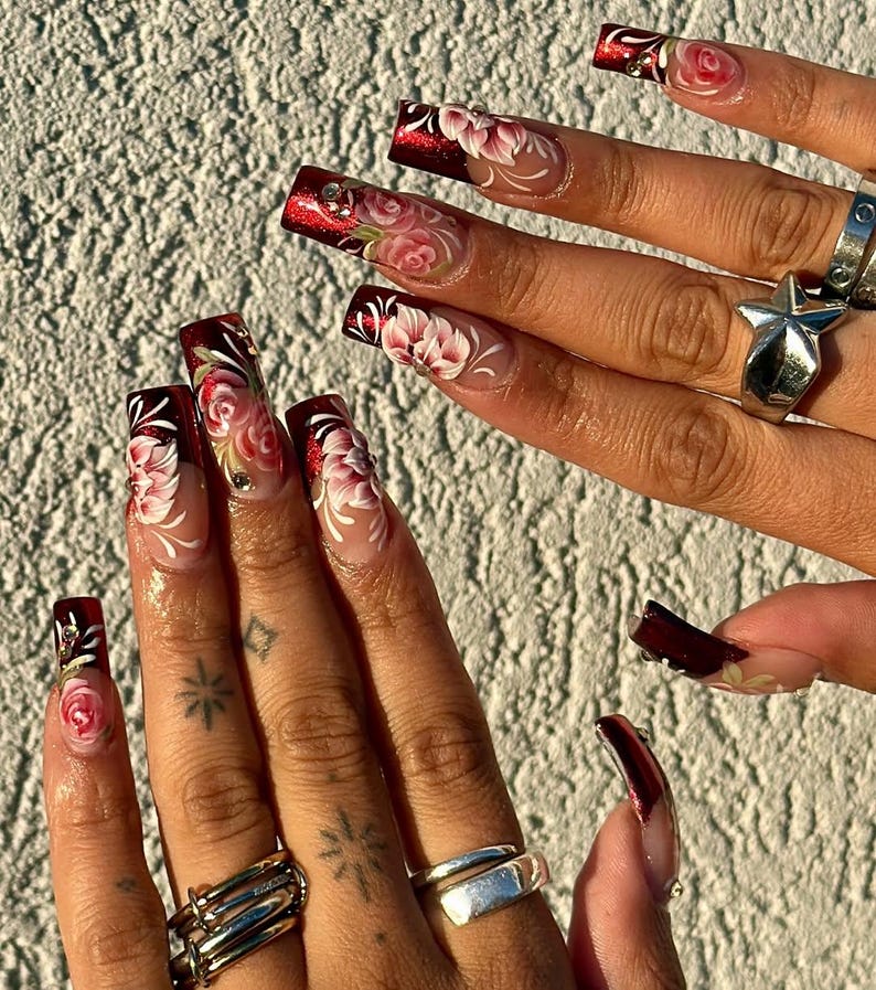 Burgundy Floral Press On Nails | 3D Rose Nail Art with Gems Nails | Floral Handpainted Rose Nails | Floral Wedding Press Ons