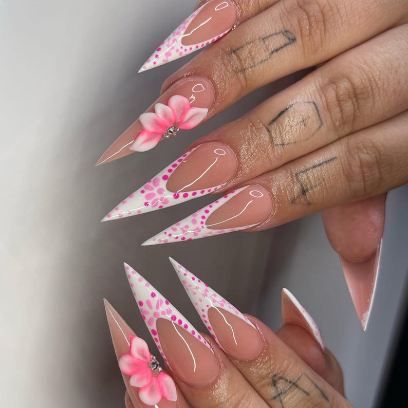 French Tip Press On Nails | 3D Floral Almond Nail Set | Floral Press On Nails Stilleto Irregular French Tips Spring Trendy Nail