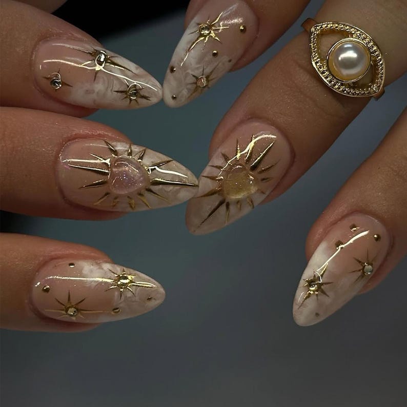 Luxury Nude Gold Almond Nails | Shimmer Gold & Star Fake Nails | Elegant Astrology Nail Art | Ethereal Sun Short Press On Nails