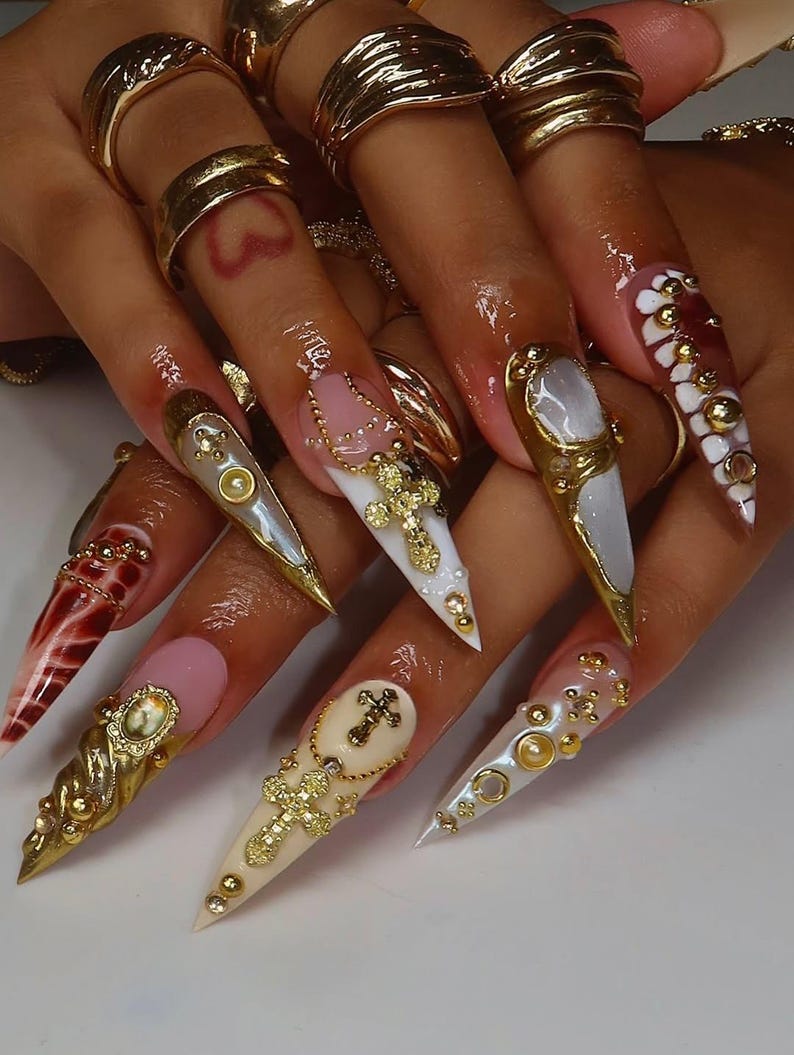 Freestyle Luxury Baroque Gold 3D Press On Nails with Cross Pearl Gem Design, Long Almond Handmade Gothic Nail Art Set For Party, Birthday