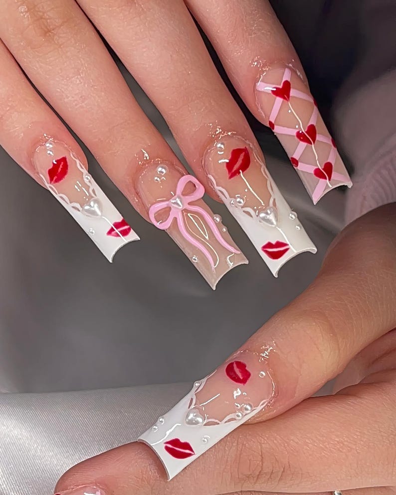 Red Kiss Press On Nails with 3D Pink Bow, White Heart Corset Nail Art, Cute Valentine Nails, Pink Ribbon Bow Nails, French Nails Tip Nails