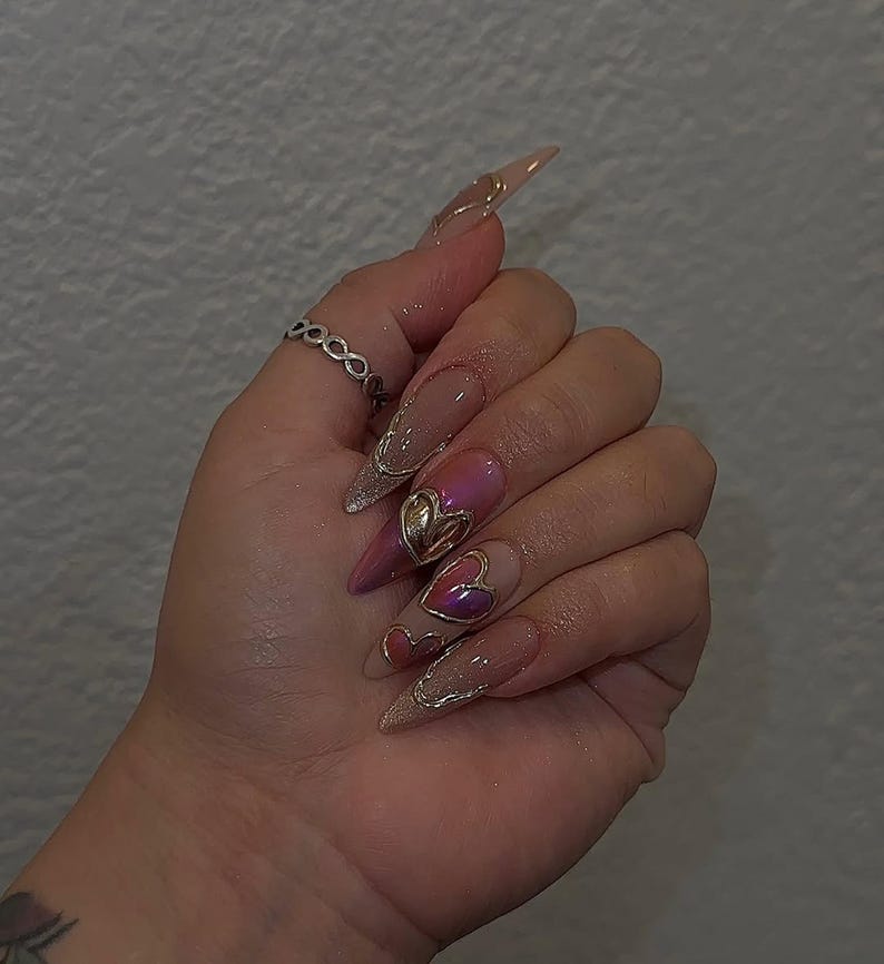Pink Heart Chrome Press On Nails | Nude Pink & Gold French Tip Nail Art | Handmade Glam Press Ons | Handmade Aesthetic Nails