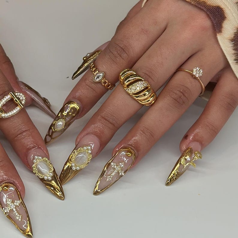 Luxury Gold Accents Press On Nail | Gilded Nail Art | Golden Glam Fake Nails | Stylish Nail Designs Acrylic Nails | Chic Nails