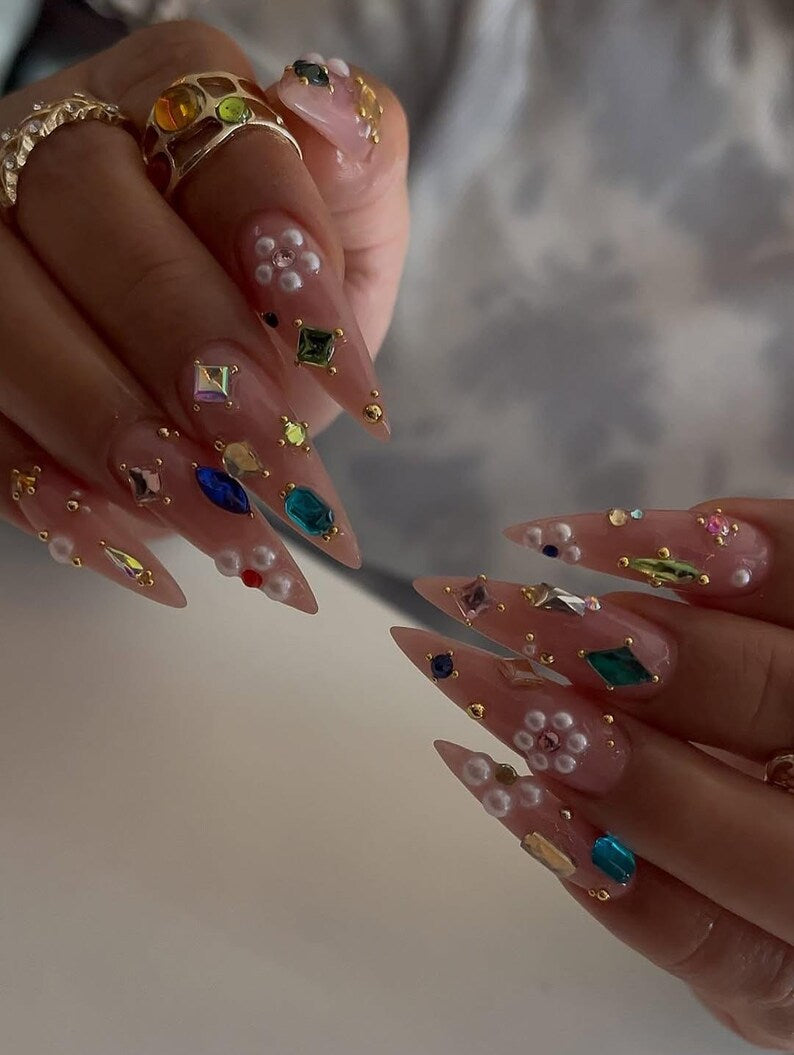 Luxury Press On Nails | Long Stiletto Crystal Nails | Rhinestone & Pearl Fake Nails | Glam Nail Art Set | Party Prom Nails | Reusable Nails