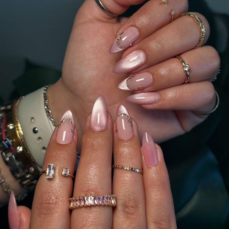 Galaxy Pink Blush Glittery French Cat eye Nails | Reusable Press on Nails | Fairy Almond nails | Minimalist Style Nails | French Tip Nails
