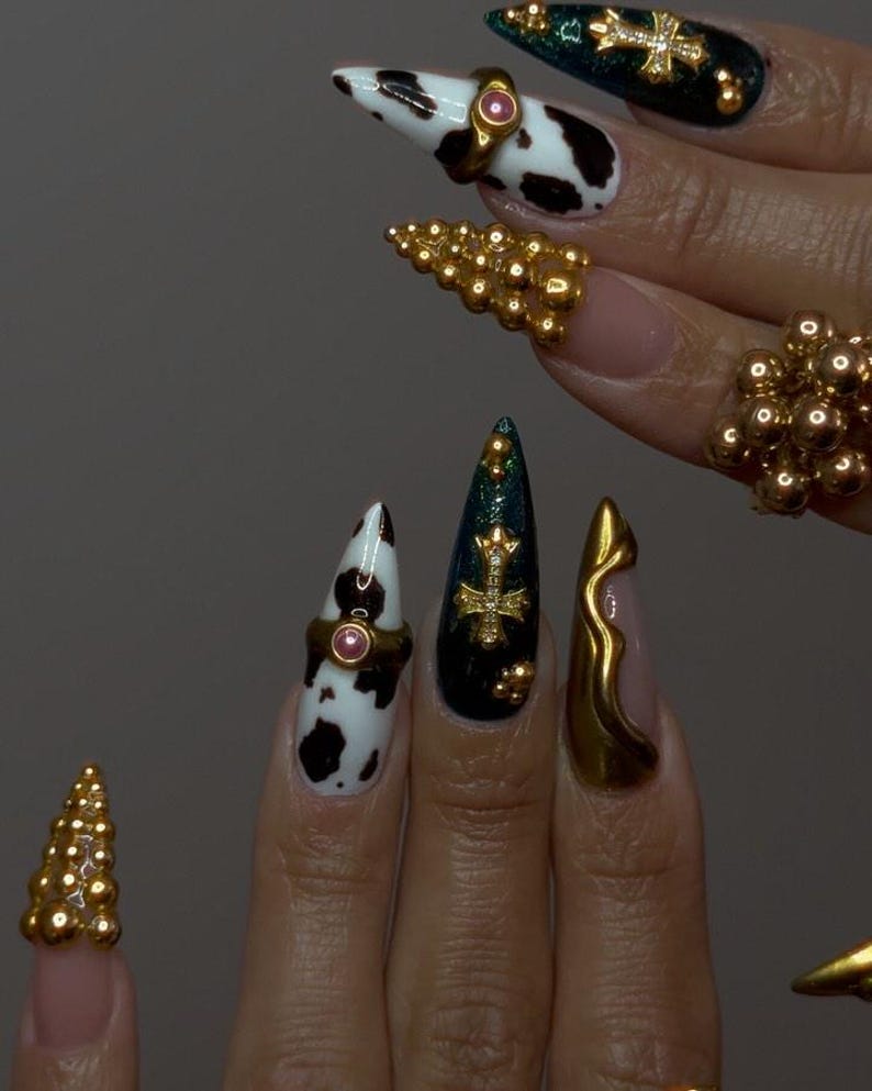 Cow Print Gothic Press On Nails By SugarNailArt | Black Gold Gothic Fake Nails | Luxury Gothic Nail Art | Edgy Bold Press Ons