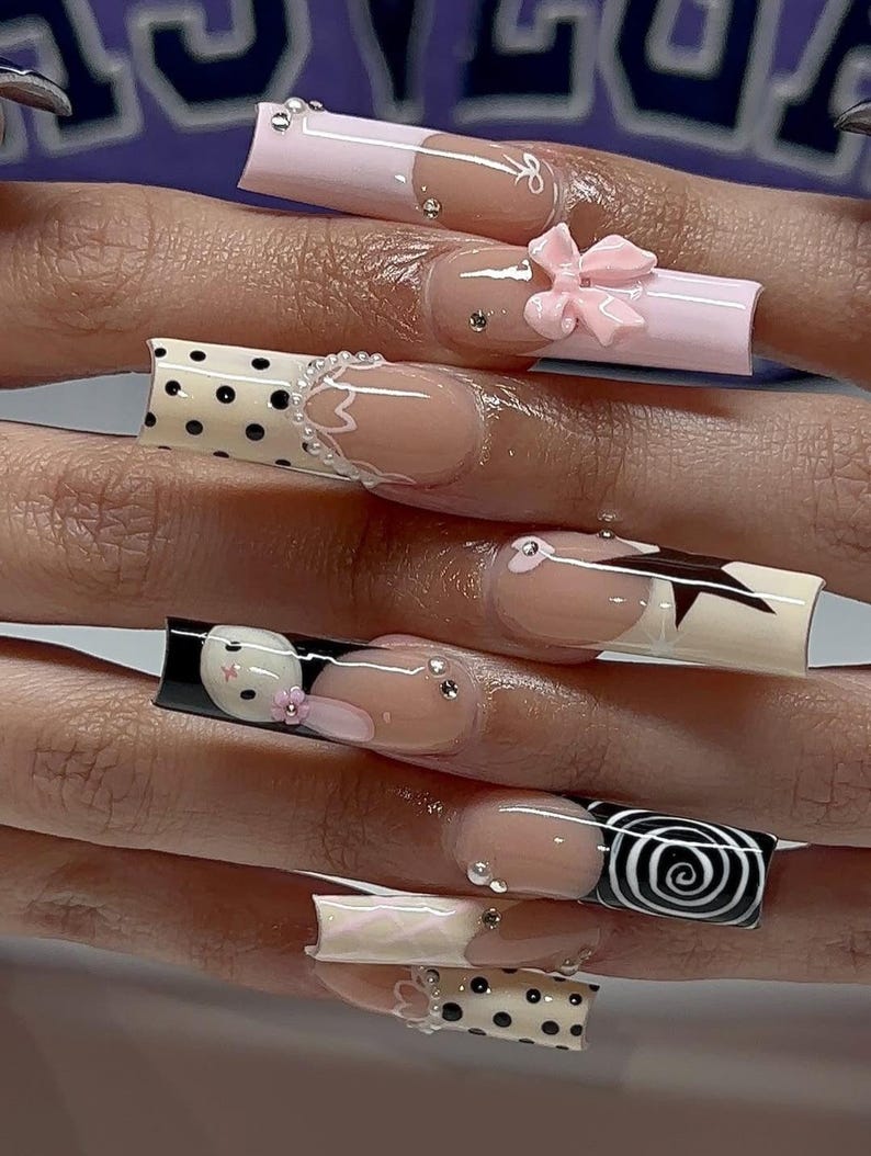 Star Glam Rock Press On Nails | Pink & Black Star Nail Art | Polka Dot French Tip Nails | Edgy Y2K Nail Design | Handmade Kawaii Nails