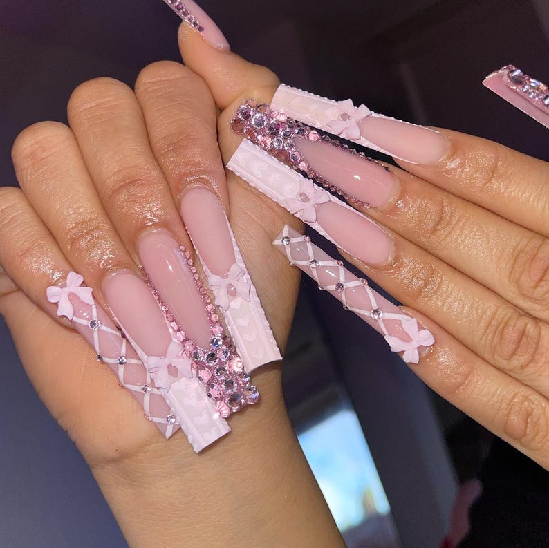 Pink XL Square Press On Nails | Rhinestone Bow Nails | Knitted Texture Nail Art | Feminine Statement Press Ons