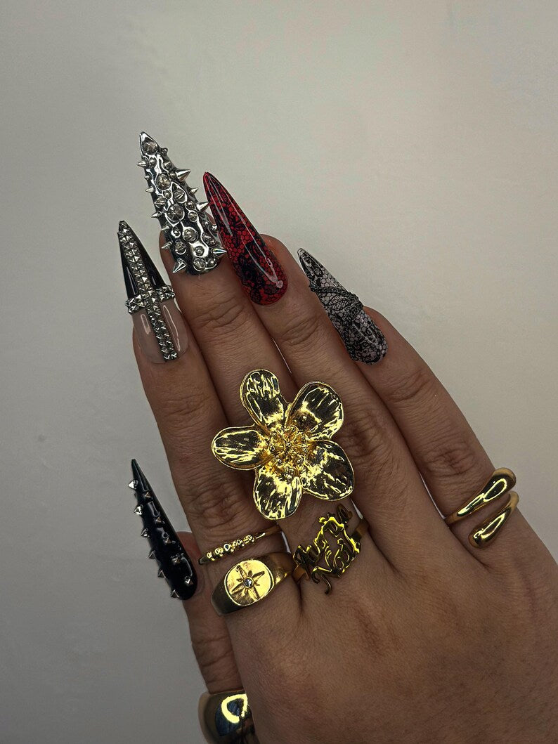 3D Metal Spike Press On Nails | Punk Nail Art | Red & Black Snakeskin Press Ons | Gothic Spike Nails | Rock Glam Halloween Nail Set