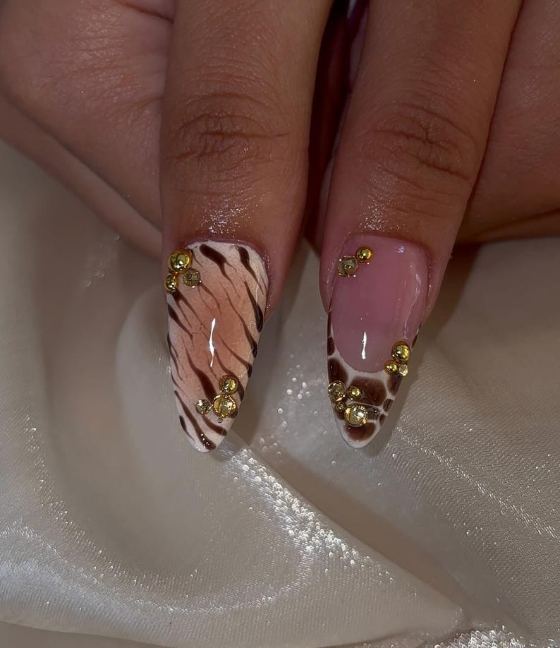 Brown Leopard Print Press On Nails | Long Almond French Nails | Zebra & Crocodile Pattern Nail Art | 3D Floral Elegant Nails