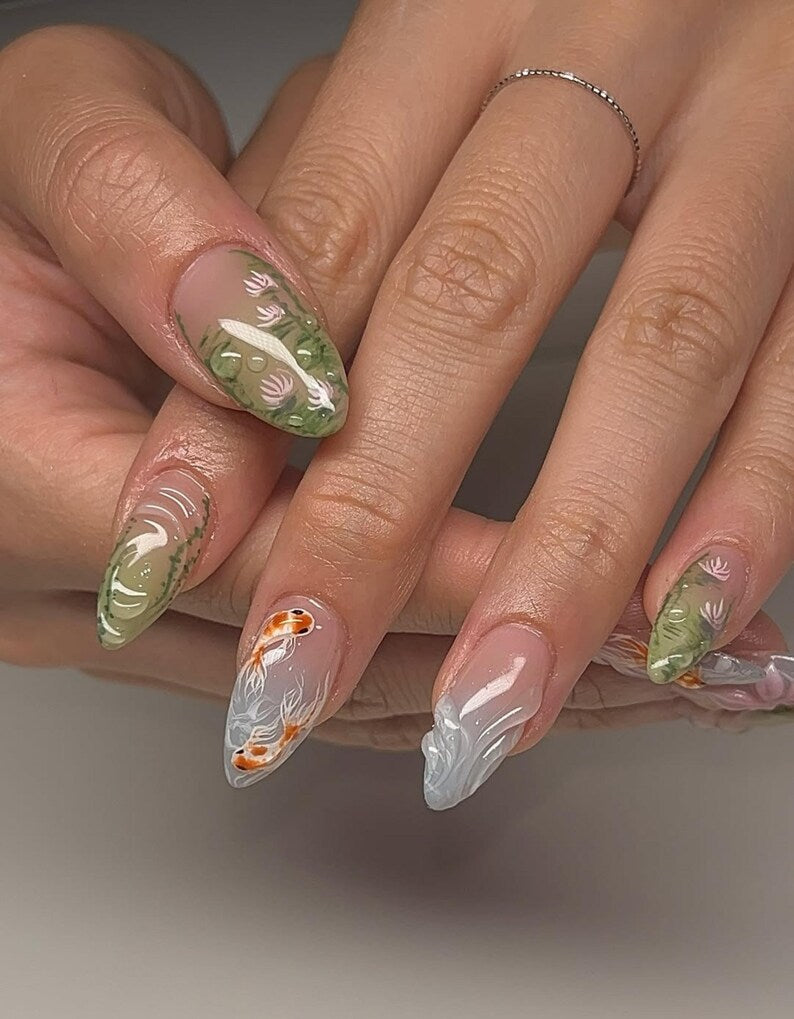 Green Koi Pond Press On Nails | 3D Floral & Fish Nail Art | Green Nature Inspired Nails | Handmade Press Ons | Artistic Garden Nails