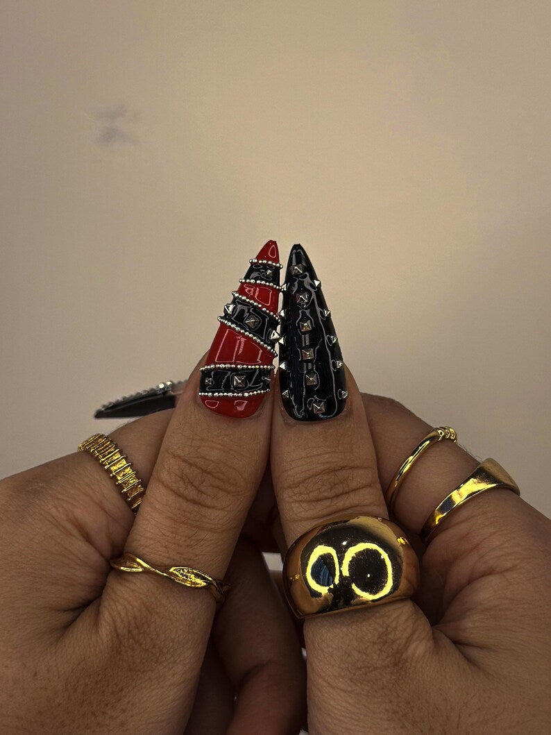 3D Metal Spike Press On Nails | Punk Nail Art | Red & Black Snakeskin Press Ons | Gothic Spike Nails | Rock Glam Halloween Nail Set