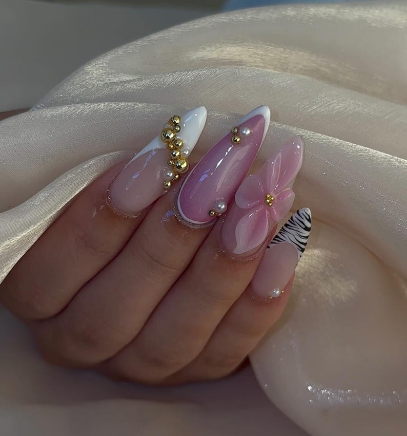 Zebra Glam Flower Press On Nails | Pink 3D Floral Rhinestone Nails | Long Stiletto Zebra Print Nail | Elegant Glam Safari Aesthetic Nail