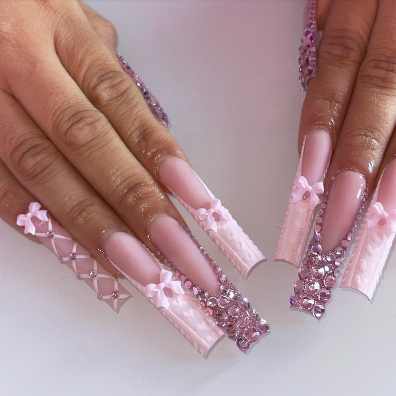 Pink XL Square Press On Nails | Rhinestone Bow Nails | Knitted Texture Nail Art | Feminine Statement Press Ons