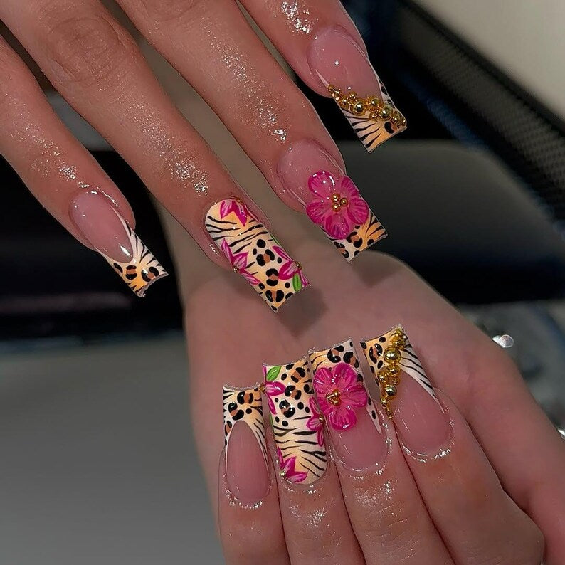 Tropical Safari Press On Nails | Leopard Print Fake Nails | 3D Flower French Tips Nail Art | Glam Jungle Fake Nails | Animal Nails