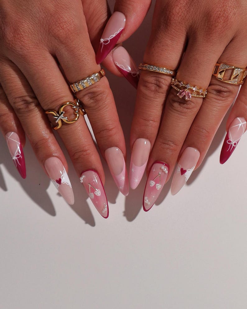 Valentine Press On Nails | Red & Pink Bow Nails | Heart Corset French Tip Nail Art | Cute Fake Nails | White Heart Corset French Tip Nails