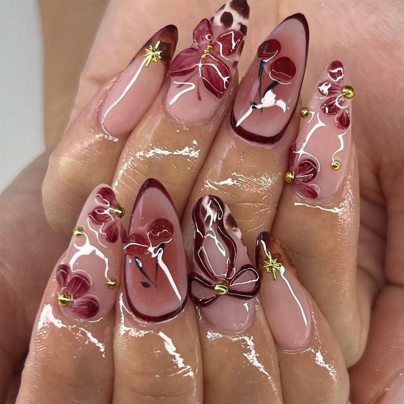 Cherry Cute 3D Press On Nails | Colorful and Playful Fake Nails | Custom 3D Animal and Bow Nail Art | Handcrafted Kawaii Nail Art