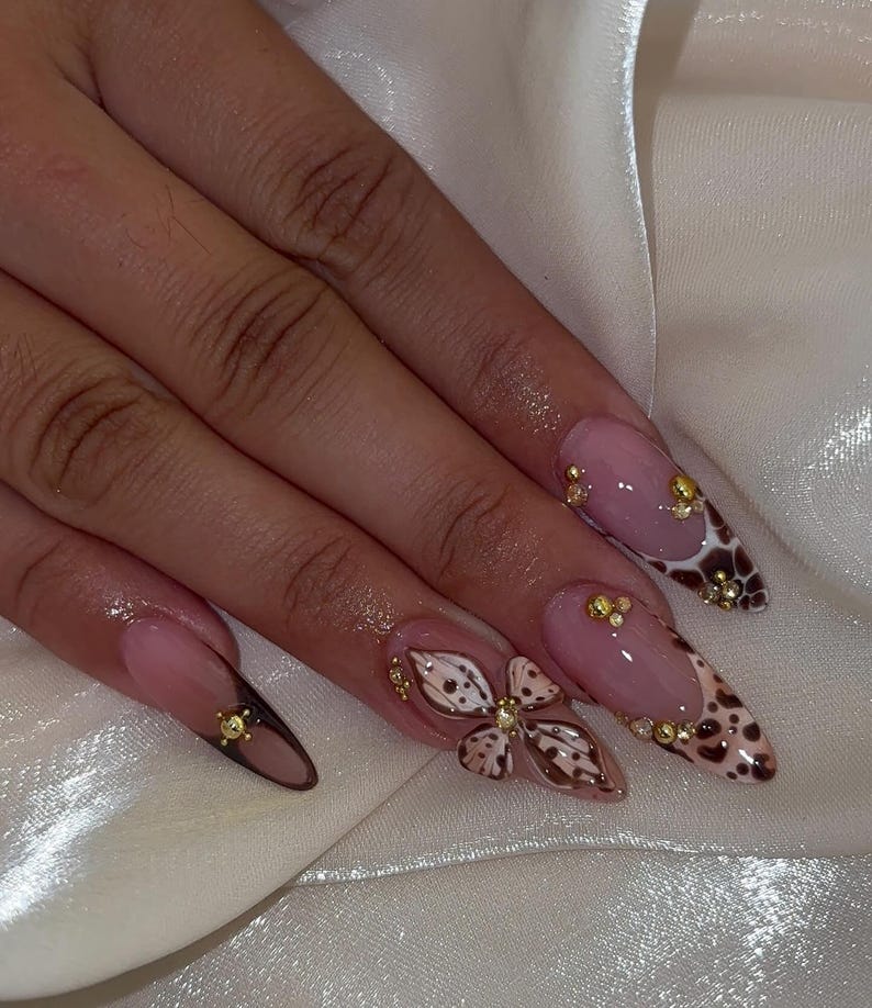 Brown Leopard Print Press On Nails | Long Almond French Nails | Zebra & Crocodile Pattern Nail Art | 3D Floral Elegant Nails