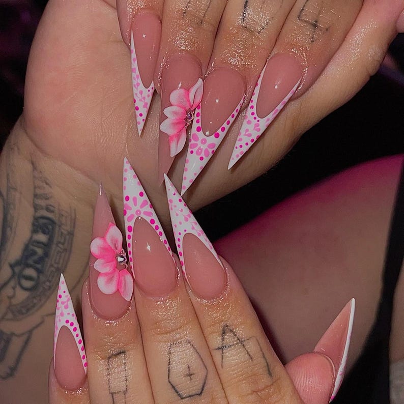 French Tip Press On Nails | 3D Floral Almond Nail Set | Floral Press On Nails Stilleto Irregular French Tips Spring Trendy Nail