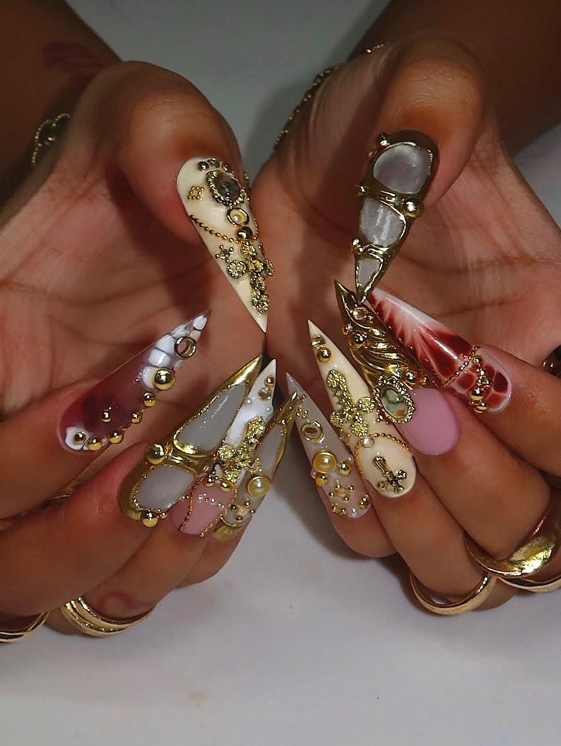 Freestyle Luxury Baroque Gold 3D Press On Nails with Cross Pearl Gem Design, Long Almond Handmade Gothic Nail Art Set For Party, Birthday
