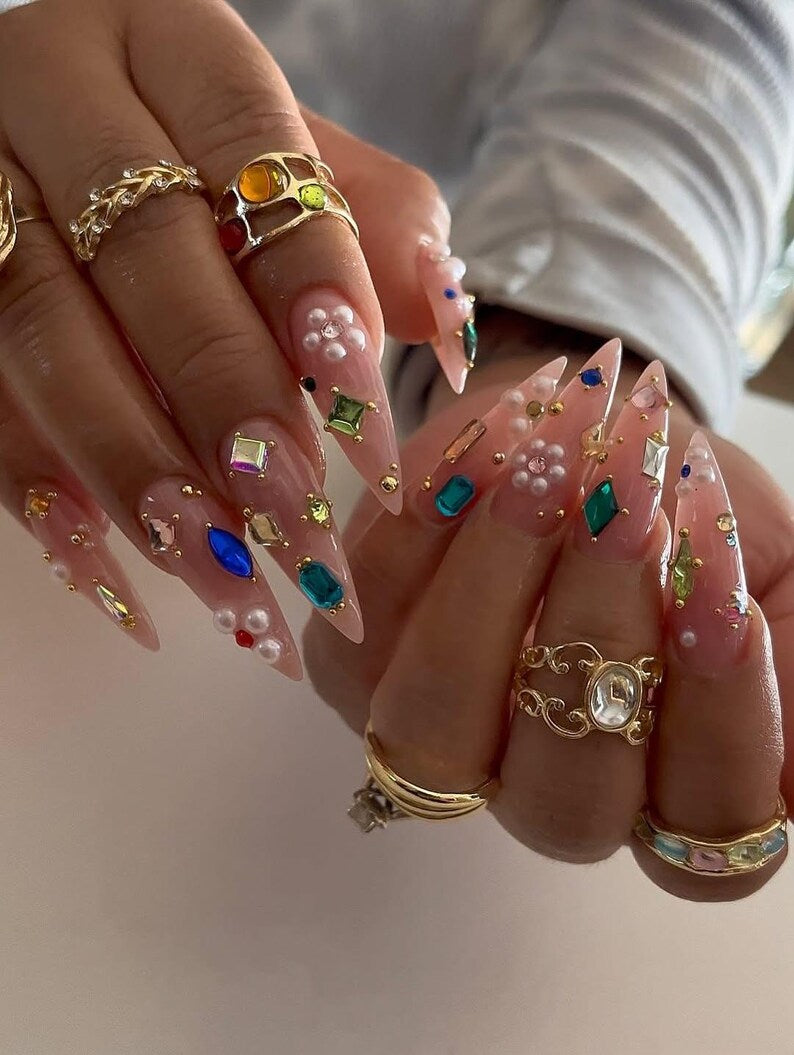 Luxury Press On Nails | Long Stiletto Crystal Nails | Rhinestone & Pearl Fake Nails | Glam Nail Art Set | Party Prom Nails | Reusable Nails