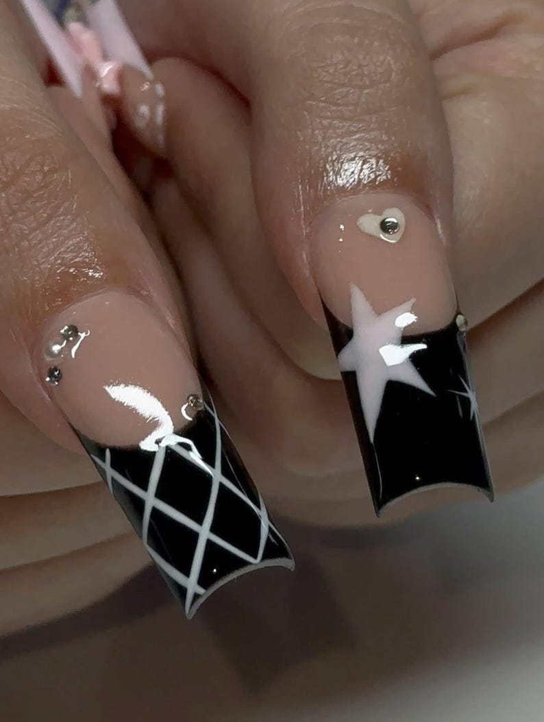 Star Glam Rock Press On Nails | Pink & Black Star Nail Art | Polka Dot French Tip Nails | Edgy Y2K Nail Design | Handmade Kawaii Nails