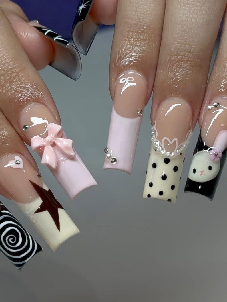 Star Glam Rock Press On Nails | Pink & Black Star Nail Art | Polka Dot French Tip Nails | Edgy Y2K Nail Design | Handmade Kawaii Nails