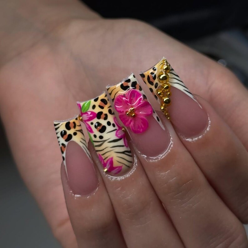 Tropical Safari Press On Nails | Leopard Print Fake Nails | 3D Flower French Tips Nail Art | Glam Jungle Fake Nails | Animal Nails