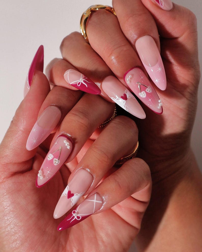 Valentine Press On Nails | Red & Pink Bow Nails | Heart Corset French Tip Nail Art | Cute Fake Nails | White Heart Corset French Tip Nails