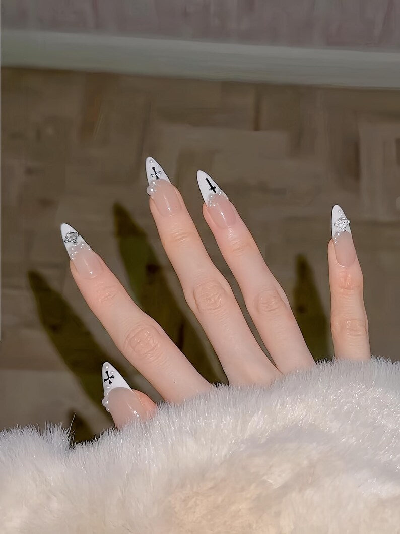 Handmade Pearl Cross Press On Nails: Edgy French Tip Nail Art