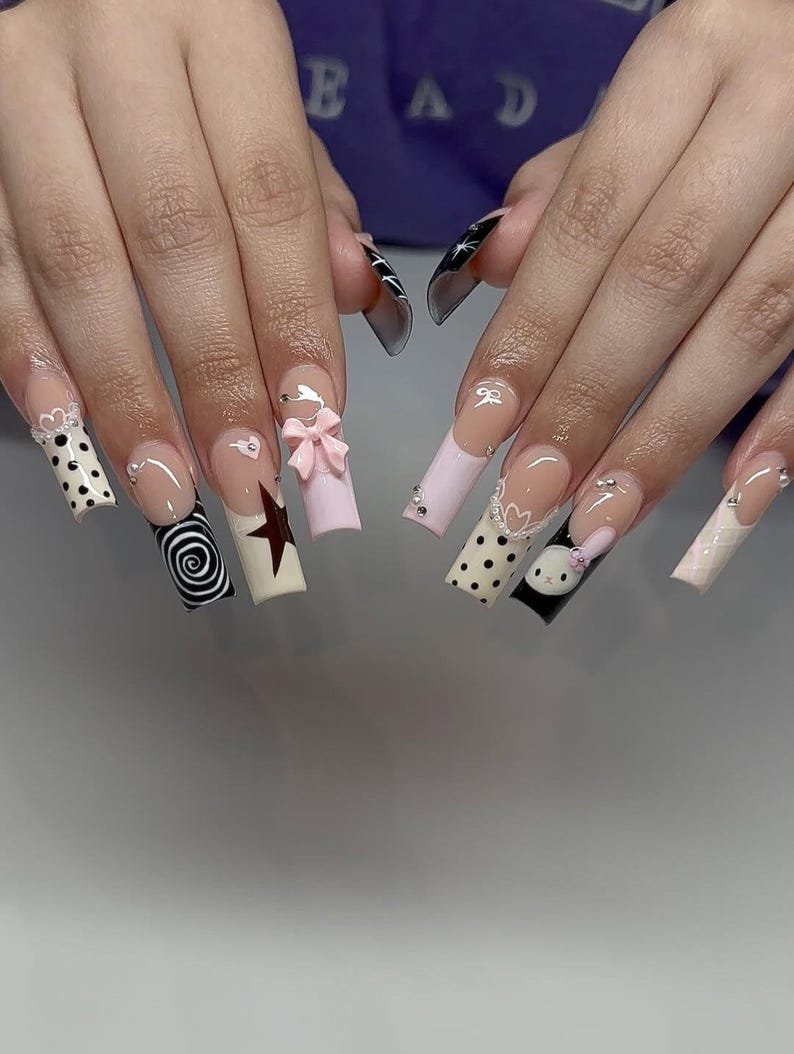 Star Glam Rock Press On Nails | Pink & Black Star Nail Art | Polka Dot French Tip Nails | Edgy Y2K Nail Design | Handmade Kawaii Nails