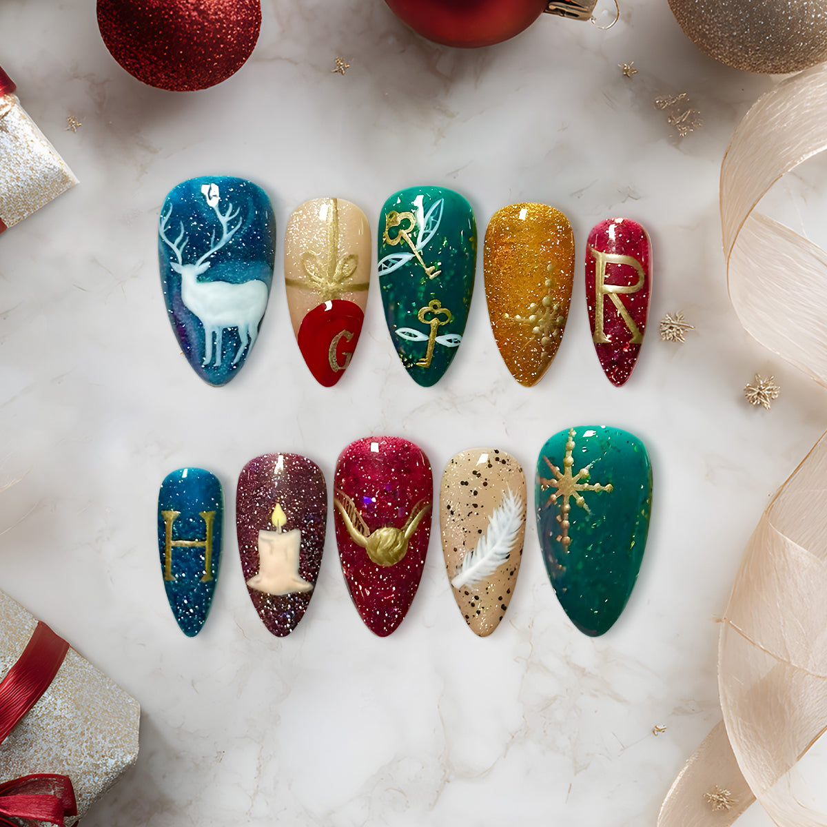 Harry Potter-Inspired Christmas Nails, Magical Glitter Press-On Nail Set, Golden Snitch &amp; Patronus Design
