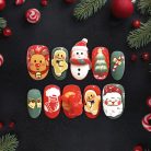 3D Christmas Press-On Nails, Cute Santa, Snowman &amp; Gingerbread Holiday Nail Set, Red &amp; Green Festive Nails